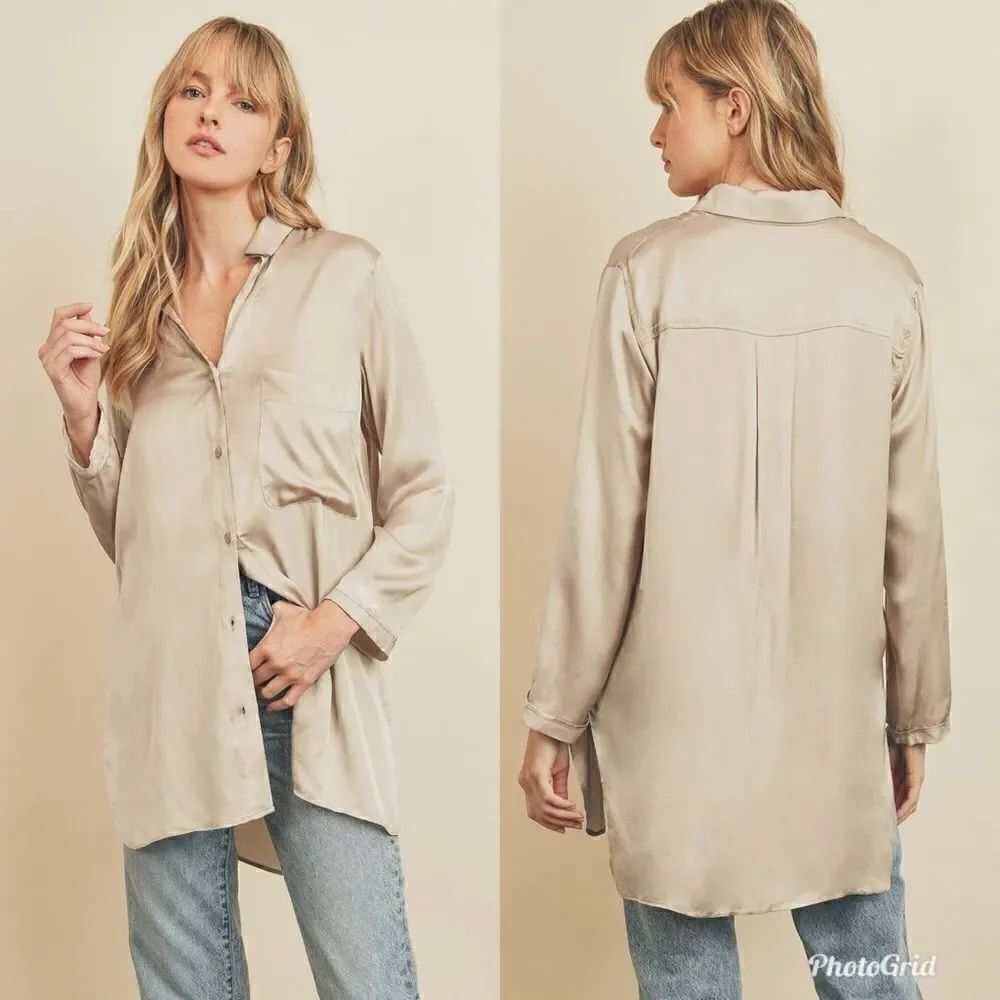 Revolve Anthropologie Dress Forum Champagne Satin Side Slits Long Shirt